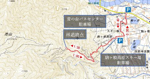 ご利用可能な駐車場と林道終点までのコースタイム