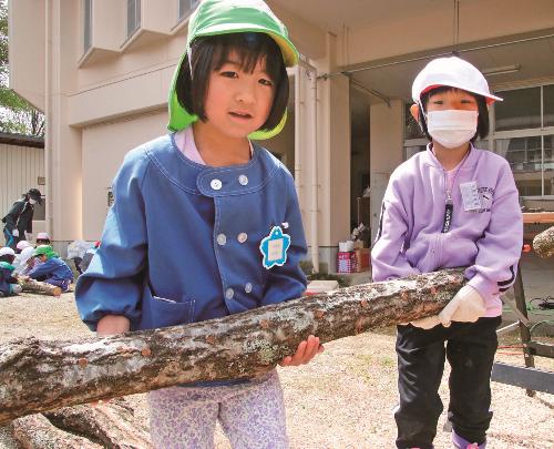 子どもたちで協力して木を運ぶ様子